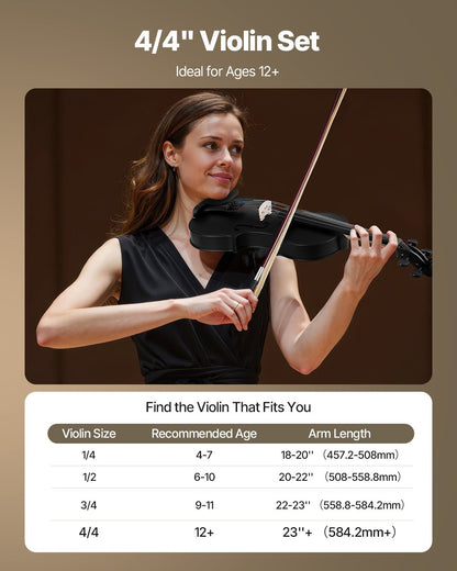 Violin 4/4 Full Size for Adults, Violin Fiddle Set for Beginners Student with Hard Case, Rosin, Bow, Shoulder Rest, Bridge, Tuner and Extra Strings, Professional Solidwood Instruments (Black)