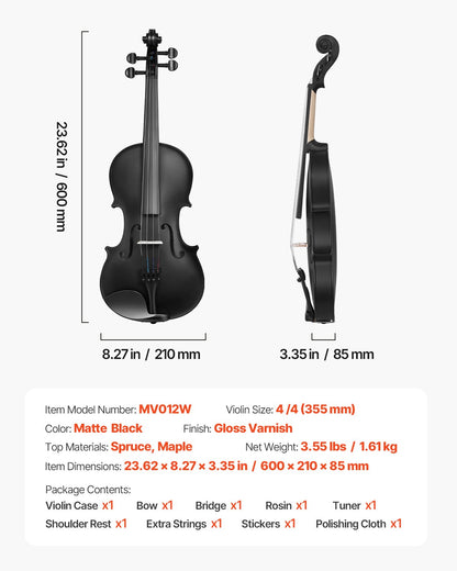 Violin 4/4 Full Size for Adults, Violin Fiddle Set for Beginners Student with Hard Case, Rosin, Bow, Shoulder Rest, Bridge, Tuner and Extra Strings, Professional Solidwood Instruments (Black)