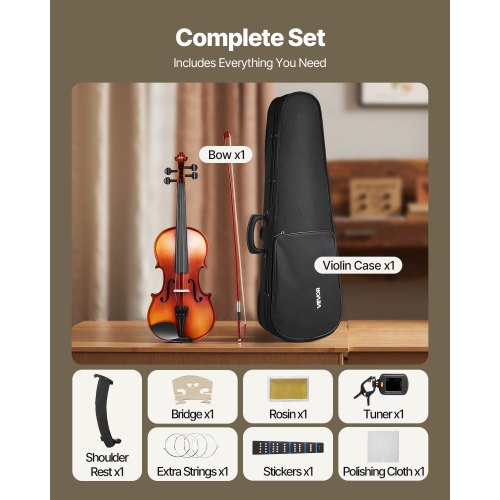 Fiolset i massivt trä för nybörjare, 355 mm, glansigt brunt mönstrat