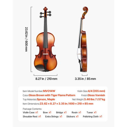 Fiolset i massivt trä för nybörjare, 355 mm, glansigt brunt mönstrat