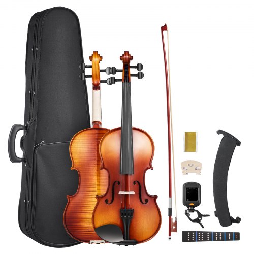 Solid wood violin set for beginners, 355 mm, glossy brown patterned