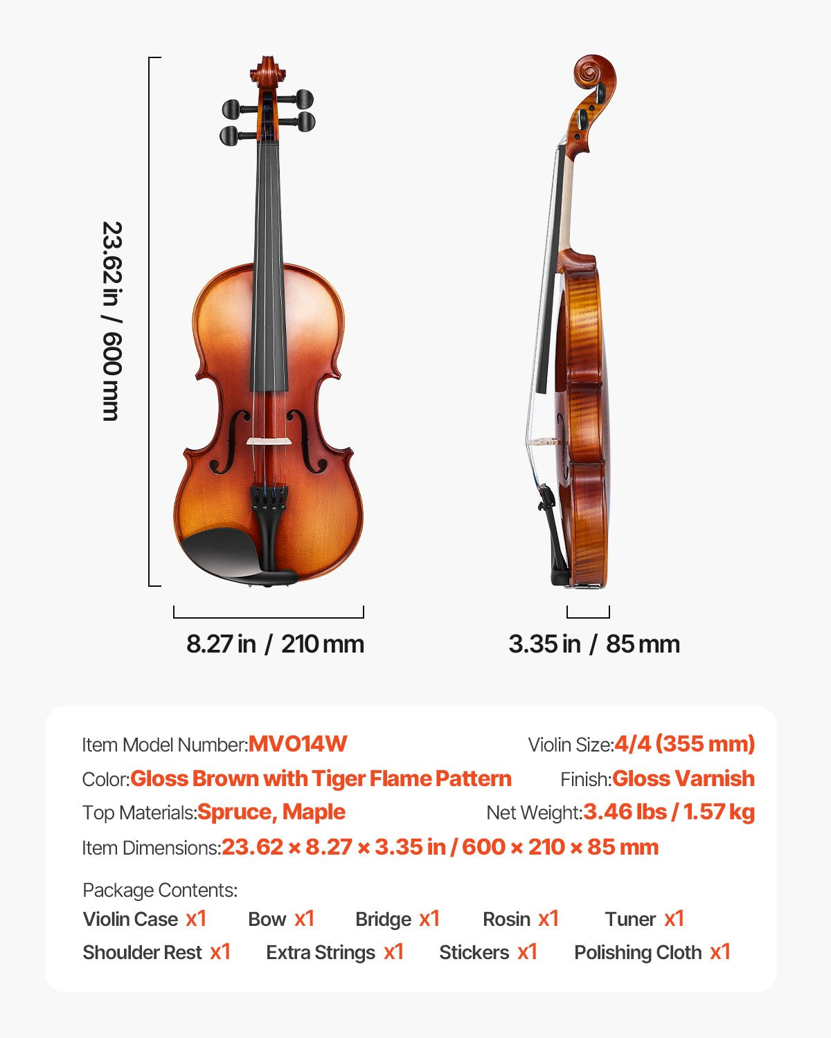 Violin 4/4 Full Size for Adults, Violin Fiddle Set for Beginners Student with Hard Case,Rosin, Bow,Shoulder Rest,Bridge,Extra Strings,Professional Solidwood Instrument (Glossy Brown Patterned)