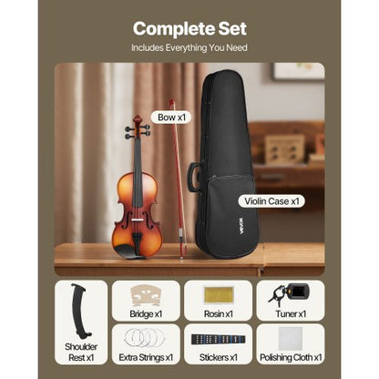 Fiol 355mm Fullstor Fiolset Massivt Trä För Nybörjare Matt Brun