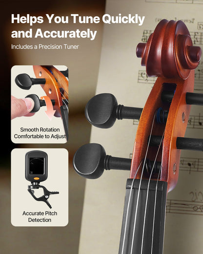 Violin 4/4 Full Size for Adults, Violin Fiddle Set for Beginners Student with Hard Case, Rosin, Bow, Shoulder Rest,Bridge,Extra Strings,Professional Solidwood Instrument (Matte Brown)