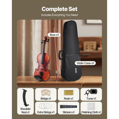 Fiolset 355 mm massivt trä för nybörjare mattbrunt mönster