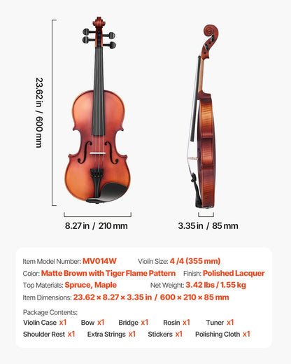 Violin 4/4 Full Size for Adults, Violin Fiddle Set for Beginners Student with Hard Case, Rosin, Bow, Shoulder Rest,Bridge,Extra Strings,Professional Solidwood Instrument (Matte Brown Patterned)