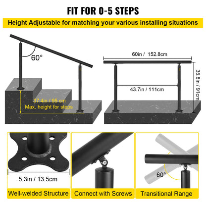 Outdoor Stair Railing Kit, 5 FT Handrails 0-5 Steps, Adjustable Angle Black Aluminum Stair Hand Rail for The Elderly, Handrails for Indoor & Outdoor Steps