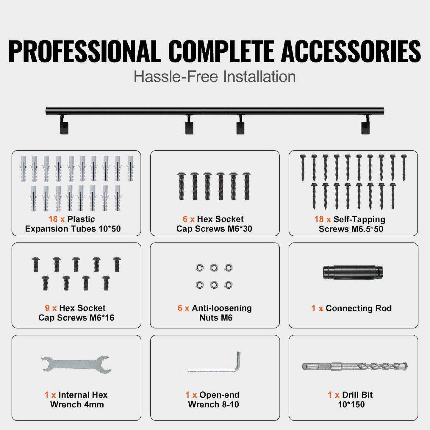 Handrail Stair Railing, 12 Feet, Wall Mounted Handrails for Indoor Stairs, Thickened Aluminum Alloy Railing with Installation Kit, 440 LBS Load Capacity Stair Railing for Outdoor Stairs