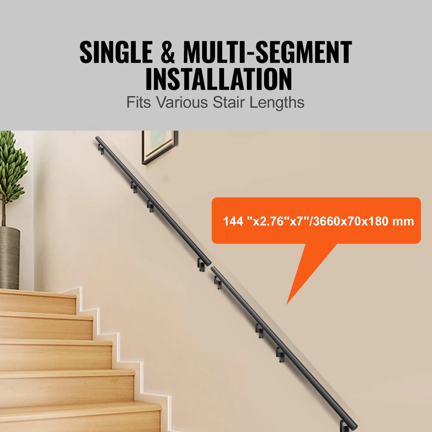 Handrail Stair Railing, 12 Feet, Wall Mounted Handrails for Indoor Stairs, Thickened Aluminum Alloy Railing with Installation Kit, 440 LBS Load Capacity Stair Railing for Outdoor Stairs