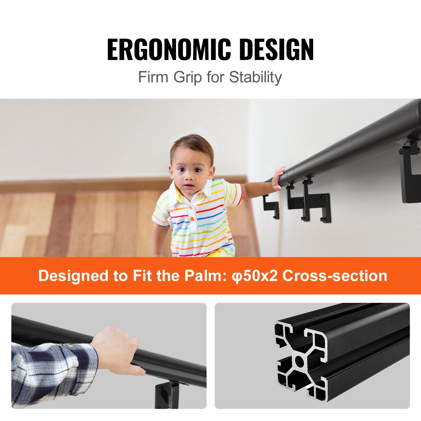 Handrail Stair Railing, 12 Feet, Wall Mounted Handrails for Indoor Stairs, Thickened Aluminum Alloy Railing with Installation Kit, 440 LBS Load Capacity Stair Railing for Outdoor Stairs