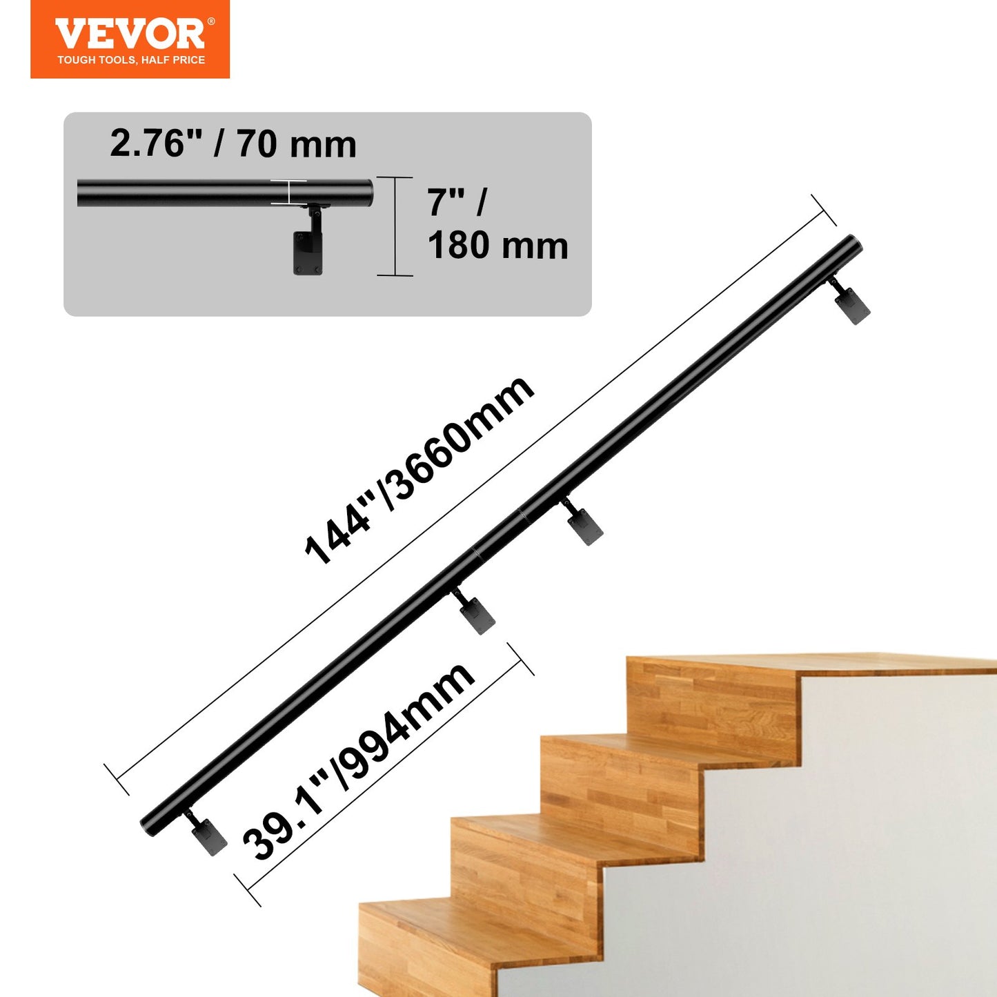 Handrail Stair Railing, 12 Feet, Wall Mounted Handrails for Indoor Stairs, Thickened Aluminum Alloy Railing with Installation Kit, 440 LBS Load Capacity Stair Railing for Outdoor Stairs