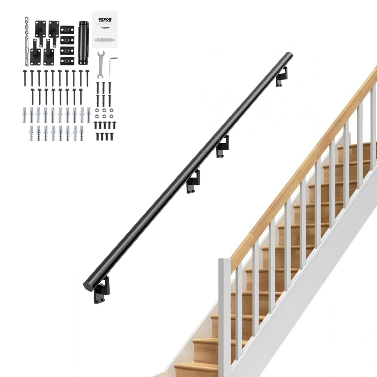 Handrail Stair Railing, 12 Feet, Wall Mounted Handrails for Indoor Stairs, Thickened Aluminum Alloy Railing with Installation Kit, 440 LBS Load Capacity Stair Railing for Outdoor Stairs