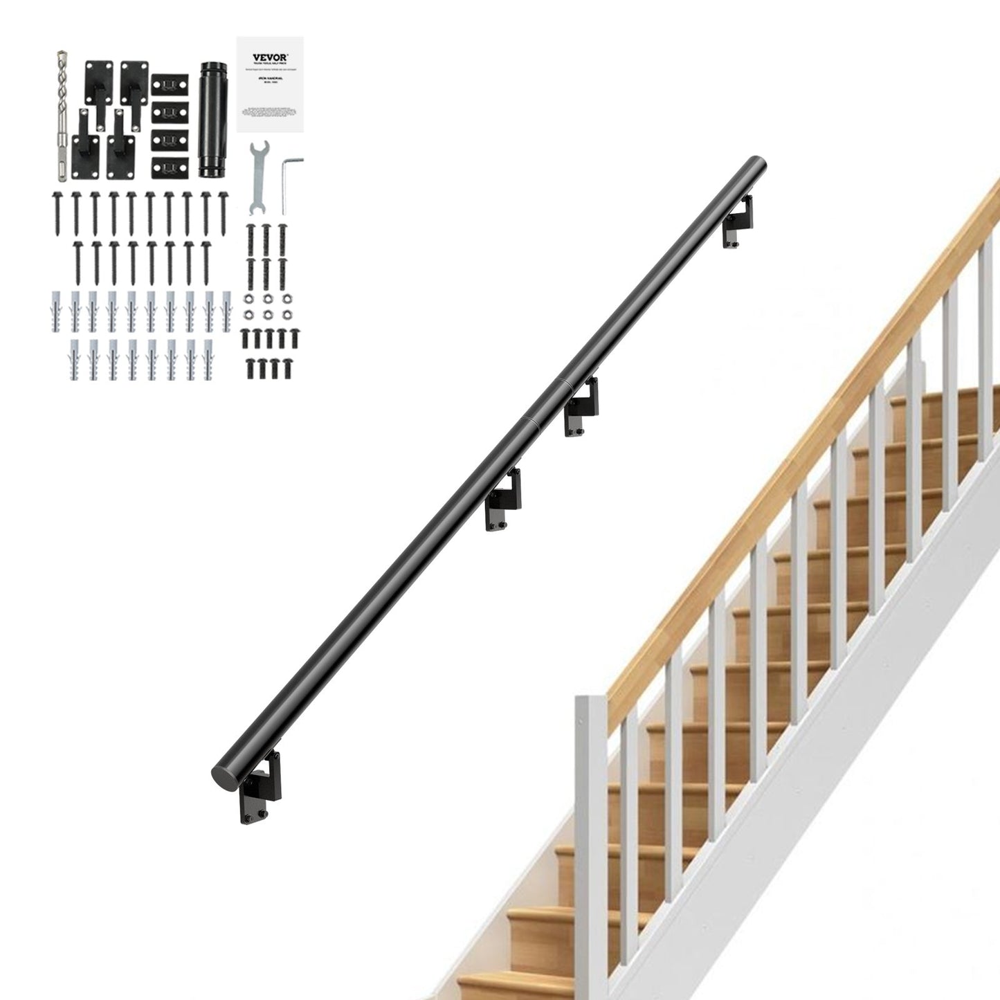 Handrail Stair Railing, 12 Feet, Wall Mounted Handrails for Indoor Stairs, Thickened Aluminum Alloy Railing with Installation Kit, 440 LBS Load Capacity Stair Railing for Outdoor Stairs