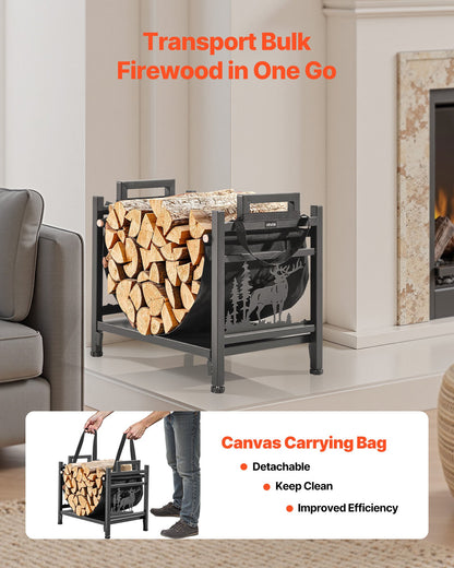 Indoor Firewood Rack, 1.5 ft Curved Log Holder with Canvas Carrier, 40lb Weight Capacity Wood Storage Stand, Powder-Coated Steel Firewood Holder, Heavy Duty Wood Pile Stacker Rack for Fireplace