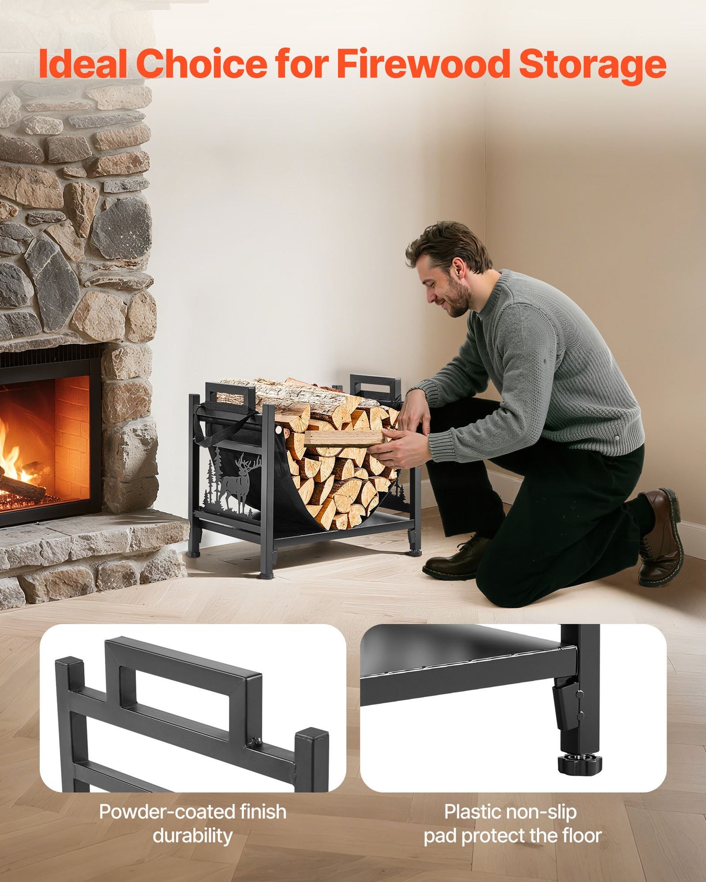 Indoor Firewood Rack, 1.5 ft Curved Log Holder with Canvas Carrier, 40lb Weight Capacity Wood Storage Stand, Powder-Coated Steel Firewood Holder, Heavy Duty Wood Pile Stacker Rack for Fireplace