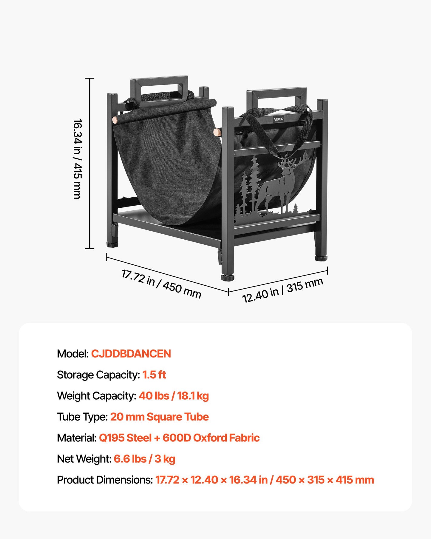 Indoor Firewood Rack, 1.5 ft Curved Log Holder with Canvas Carrier, 40lb Weight Capacity Wood Storage Stand, Powder-Coated Steel Firewood Holder, Heavy Duty Wood Pile Stacker Rack for Fireplace