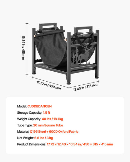 Indoor Firewood Rack, 1.5 ft Curved Log Holder with Canvas Carrier, 40lb Weight Capacity Wood Storage Stand, Powder-Coated Steel Firewood Holder, Heavy Duty Wood Pile Stacker Rack for Fireplace