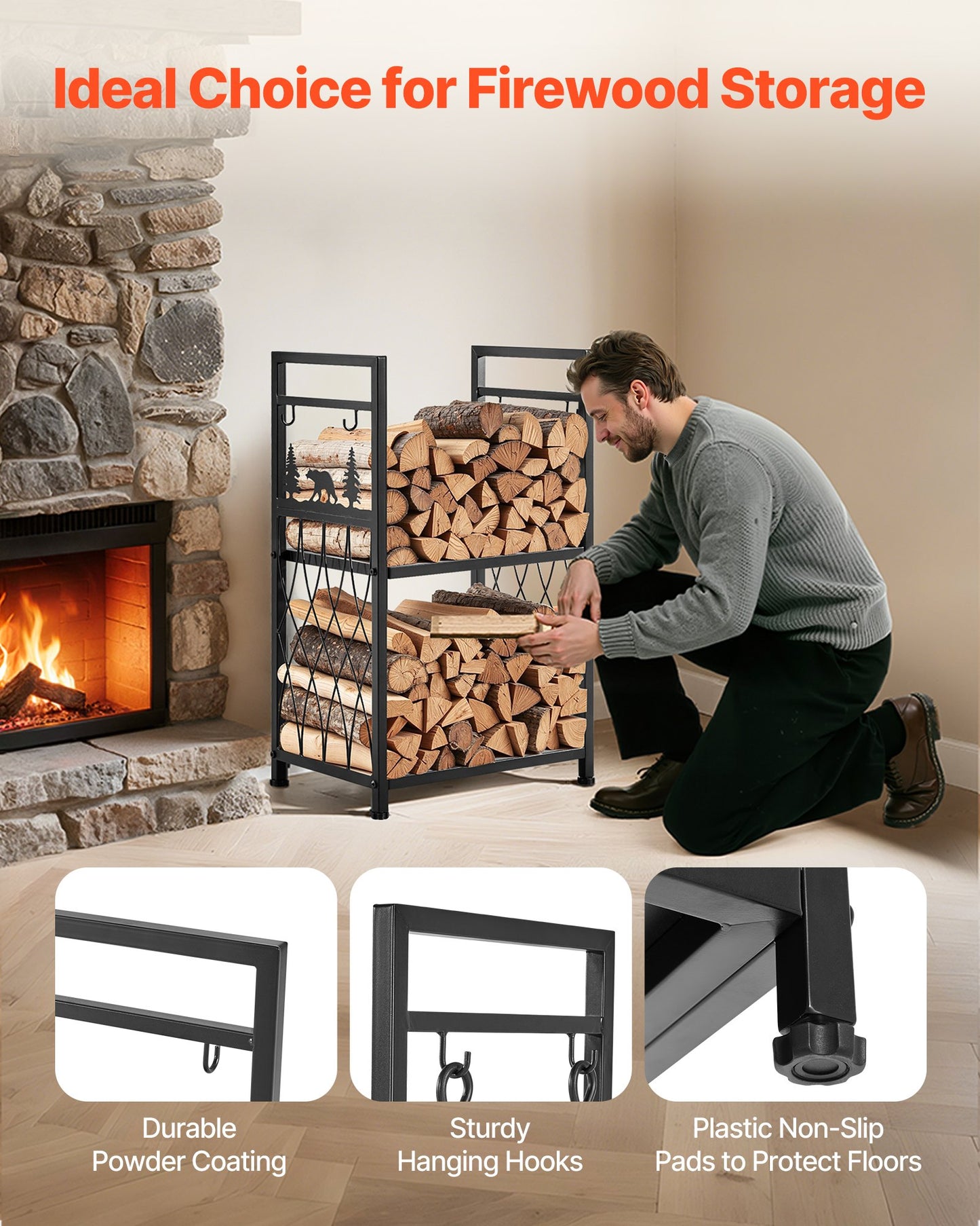 Indoor Firewood Rack, 1.3 ft 2-Tier Firewood Holder with Fireplace Tools, Brush, Shovel, Poker, Tongs, Heavy Duty Log Wood Rack, 400 lbs Weight Capacity, Wood Pile Storage Stacker for Fire Pit
