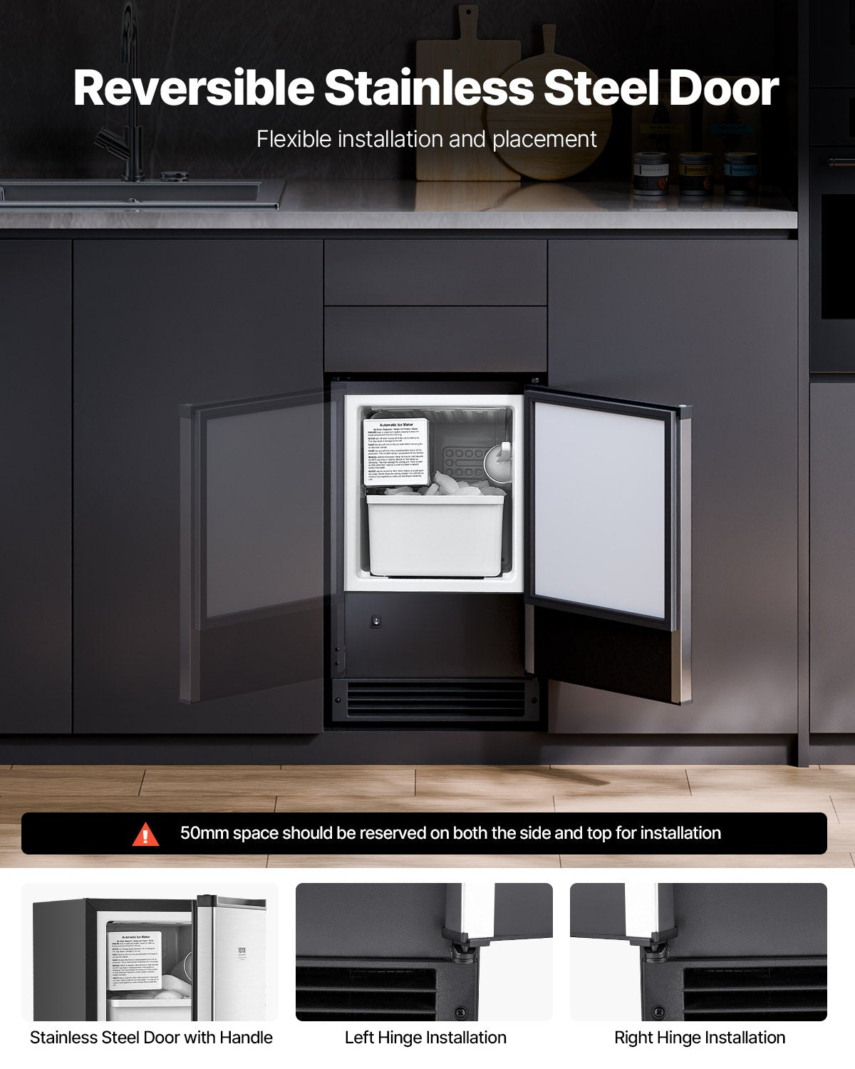 Undercounter Built-in Ice Maker, 15 Lbs/Day Under Counter Ice Maker Machine with Reversible Door Stainless Steel, Freestanding Ice Maker for Commercial Home Kitchen, No Drain Required