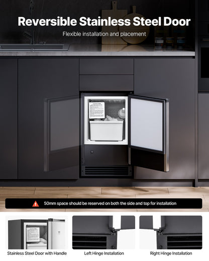 Undercounter Built-in Ice Maker, 15 Lbs/Day Under Counter Ice Maker Machine with Reversible Door Stainless Steel, Freestanding Ice Maker for Commercial Home Kitchen, No Drain Required
