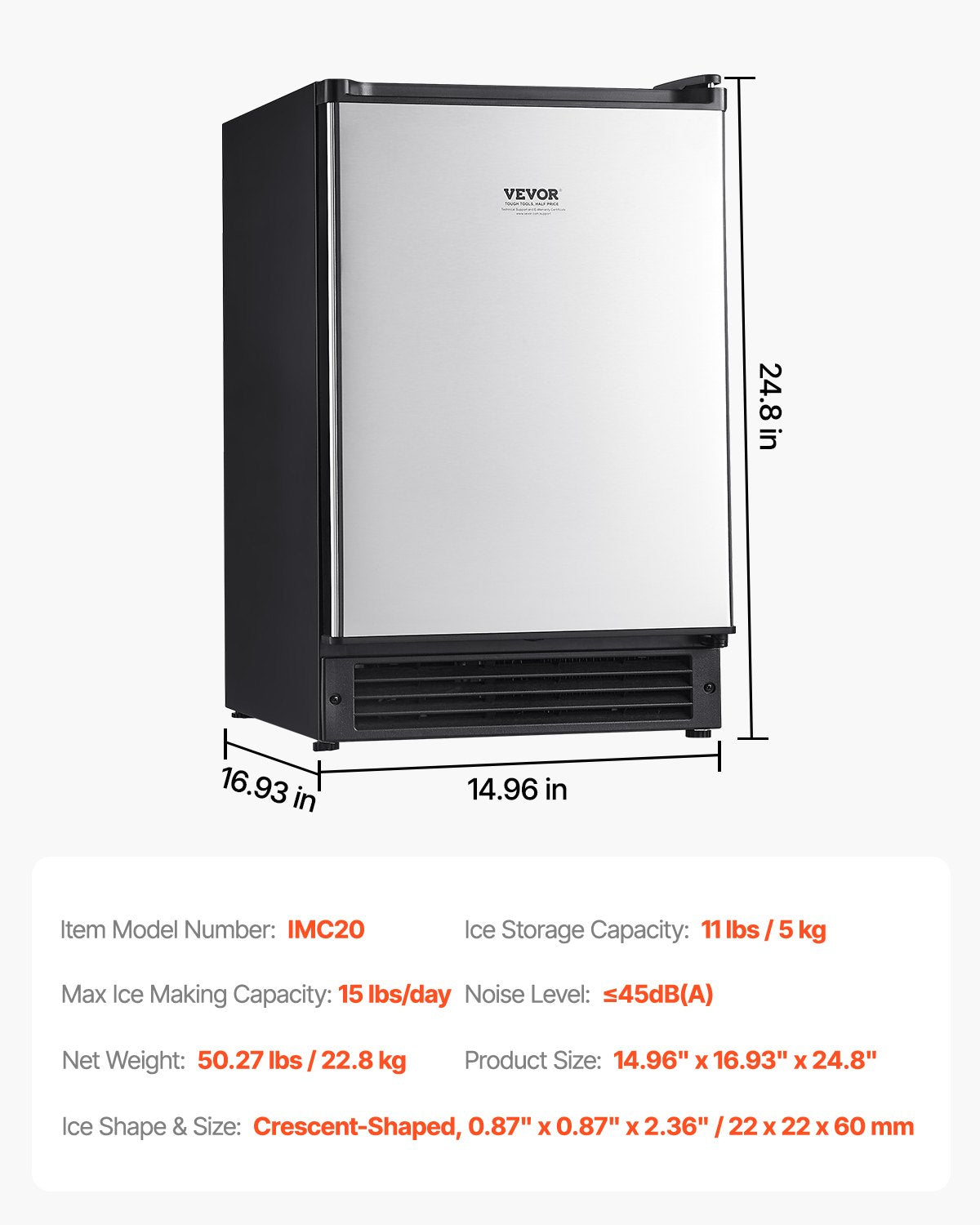 Undercounter Built-in Ice Maker, 15 Lbs/Day Under Counter Ice Maker Machine with Reversible Door Stainless Steel, Freestanding Ice Maker for Commercial Home Kitchen, No Drain Required