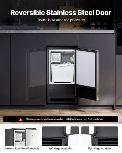 Undercounter Built-in Ice Maker, 25 Lbs/Day Under Counter Ice Maker Machine with Reversible Door Stainless Steel, Freestanding Ice Maker for Commercial Home Kitchen, No Drain Required