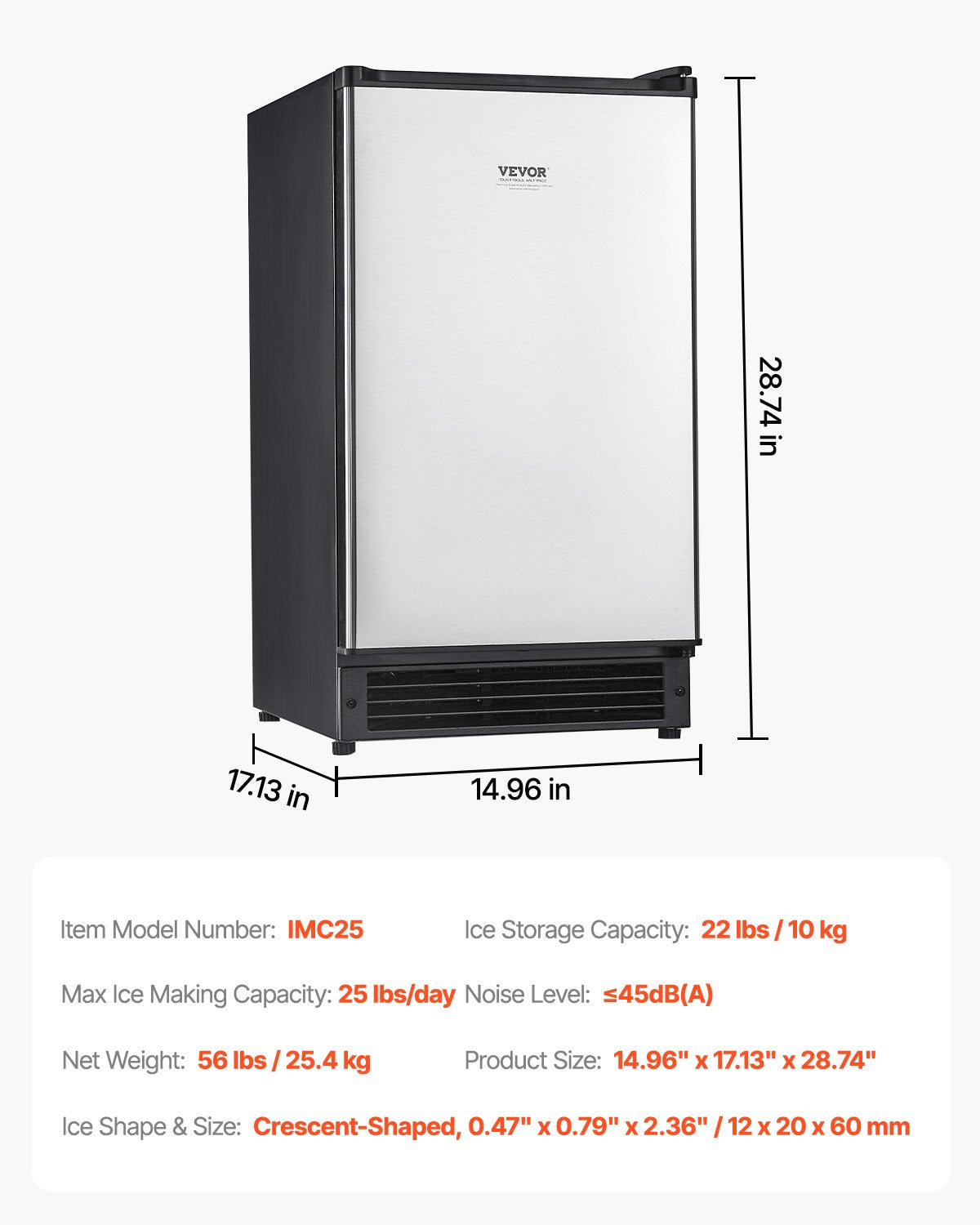 Undercounter Built-in Ice Maker, 25 Lbs/Day Under Counter Ice Maker Machine with Reversible Door Stainless Steel, Freestanding Ice Maker for Commercial Home Kitchen, No Drain Required