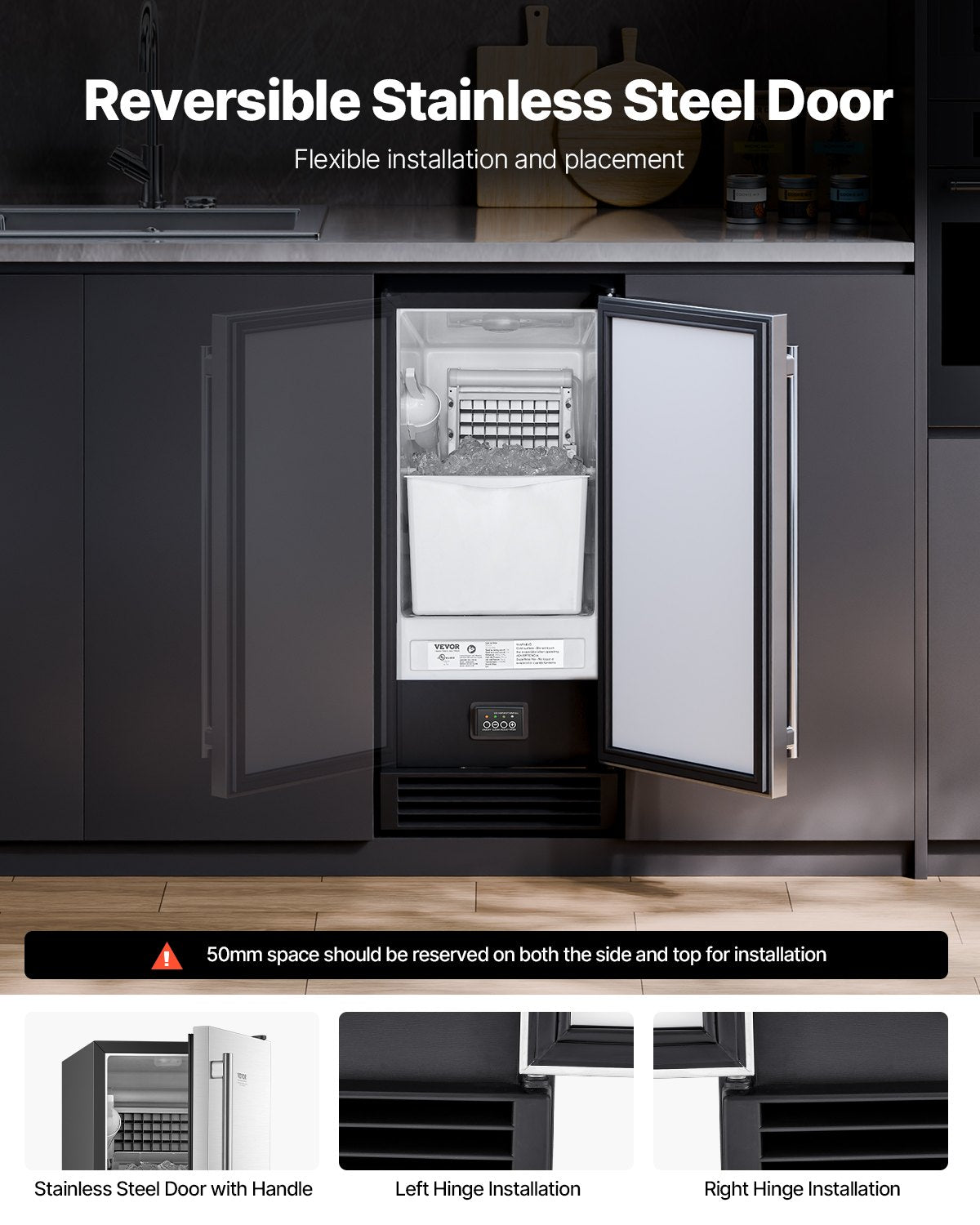 Undercounter Built-in Ice Maker, 50 Lbs/Day Under Counter Ice Maker Machine with Drain Pump Reversible Door Stainless Steel, Freestanding Ice Maker for Commercial Home Kitchen