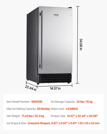 Undercounter Built-in Ice Maker, 50 Lbs/Day Under Counter Ice Maker Machine with Drain Pump Reversible Door Stainless Steel, Freestanding Ice Maker for Commercial Home Kitchen