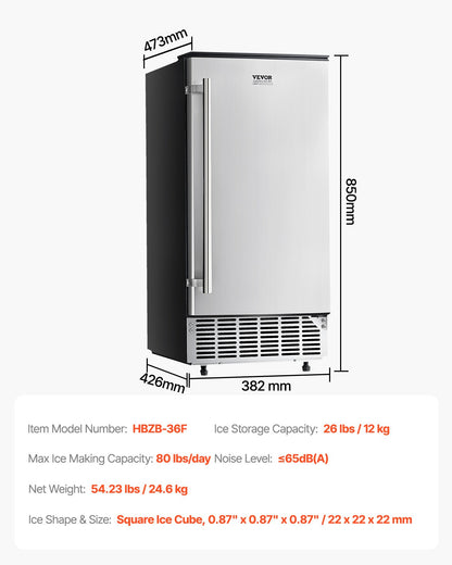 Undercounter Built-in Ice Maker, 80 Lbs/Day Under Counter Ice Maker Machine with Reversible Door Stainless Steel, Freestanding Ice Maker for Commercial Home Kitchen, Electric Drainage