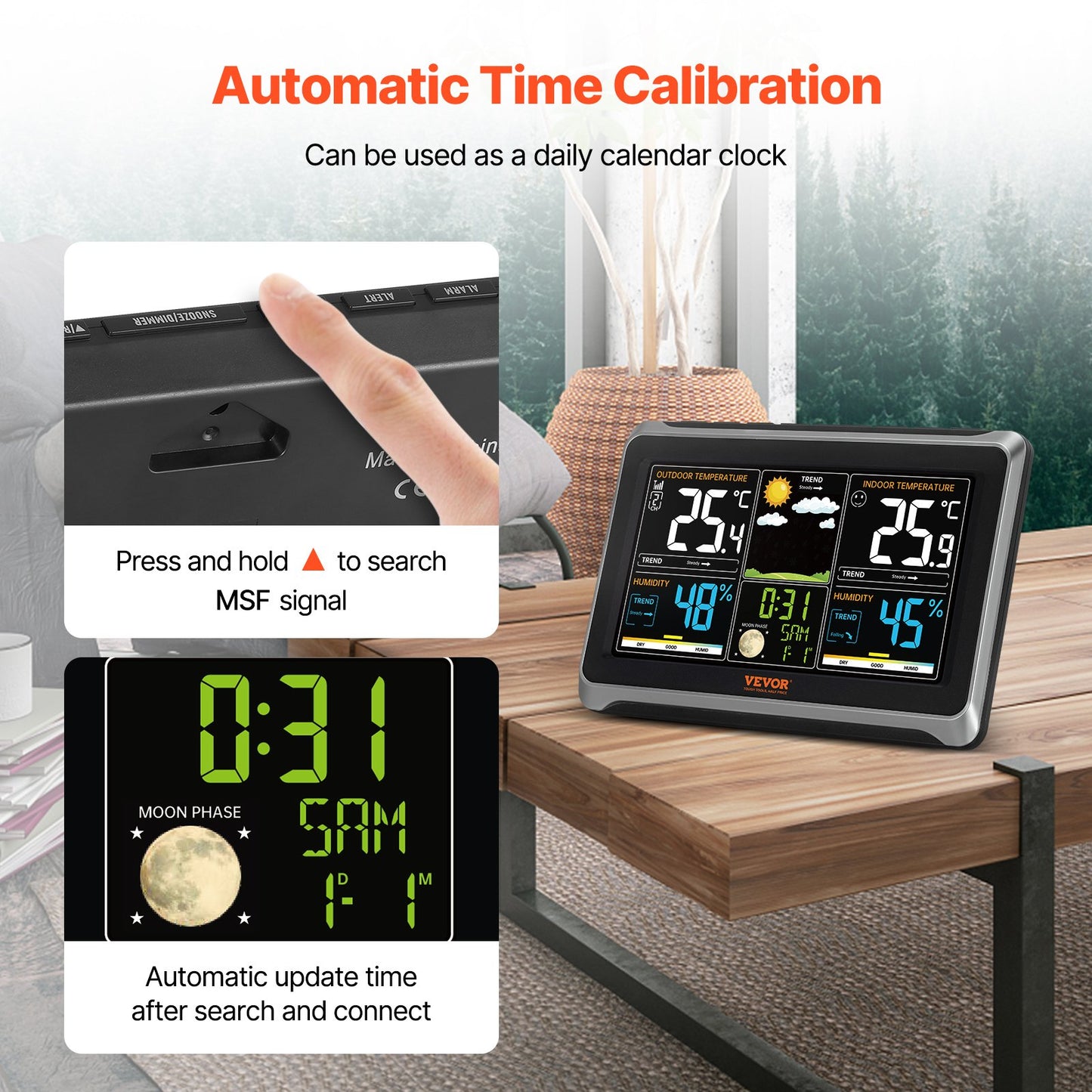 Weather Station Indoor Outdoor, 7.5 in Color Display, Wireless Digital Home Weather Station, with Sensor Atomic Clock Adjustable Backlight Forecast Data Calendar Alarm Alert Temperature-NO WIFI