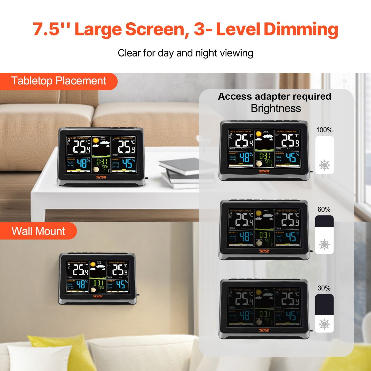 Weather Station Indoor Outdoor, 7.5 in Color Display, Wireless Digital Home Weather Station, with Sensor Atomic Clock Adjustable Backlight Forecast Data Calendar Alarm Alert Temperature-NO WIFI