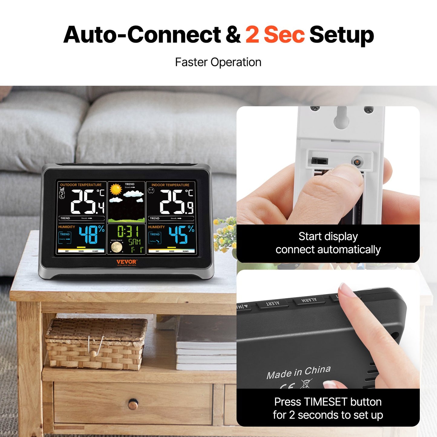 Weather Station Indoor Outdoor, 7.5 in Color Display, Wireless Digital Home Weather Station, with Sensor Atomic Clock Adjustable Backlight Forecast Data Calendar Alarm Alert Temperature-NO WIFI