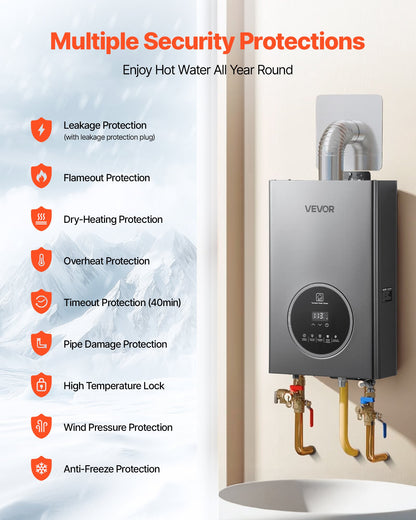 Gas Tankless Water Heater, 4.3Gal Indoor 100000 BTU Instant Hot Water Heater, Smart Temperature Control & Clear LED Display & Multiple Security Protections for Whole House,Silver Gray