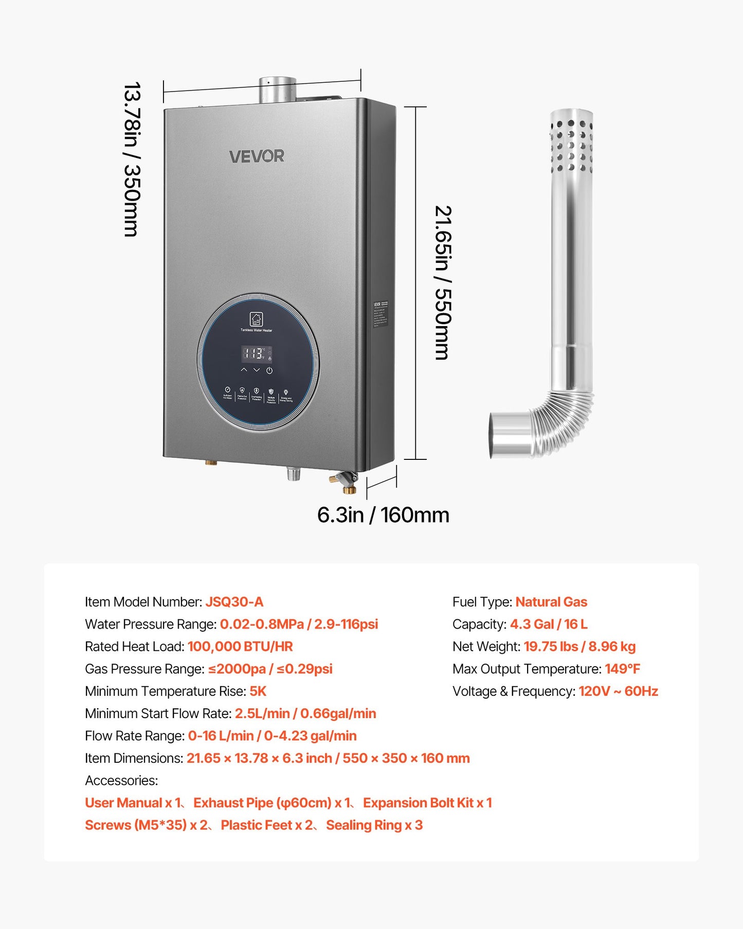 Gas Tankless Water Heater, 4.3Gal Indoor 100000 BTU Instant Hot Water Heater, Smart Temperature Control & Clear LED Display & Multiple Security Protections for Whole House,Silver Gray