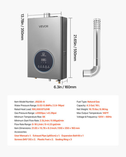 Gas Tankless Water Heater, 4.3Gal Indoor 100000 BTU Instant Hot Water Heater, Smart Temperature Control & Clear LED Display & Multiple Security Protections for Whole House,Silver Gray