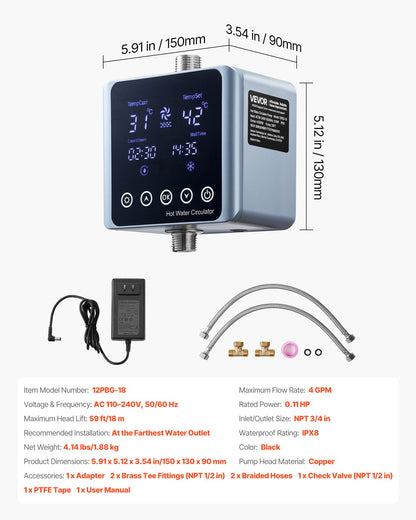 Digital Smart Instant Hot Water Recirculating Pump Kit, with Built-in Thermostat, Timer, Digital Screen, Under Sink Recirculation Circulation Circulator Pump System, for House Water Heaters