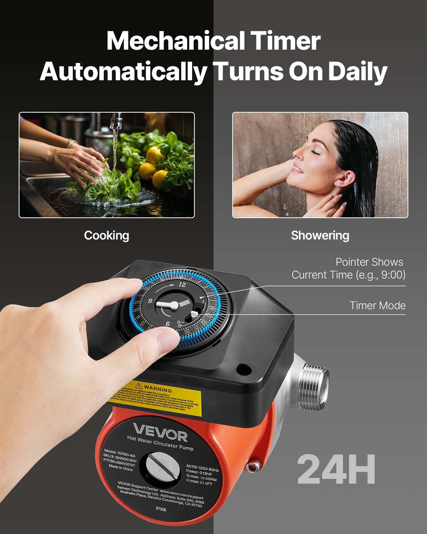 Hot Water Recirculating Pump, with Bypass Valve, Instant Recirculation Pump Kit with Timer, Adapter, Circulation Circulator System, Stainless Steel Head, 0.13 HP 110-120V, for Tank Water Heaters