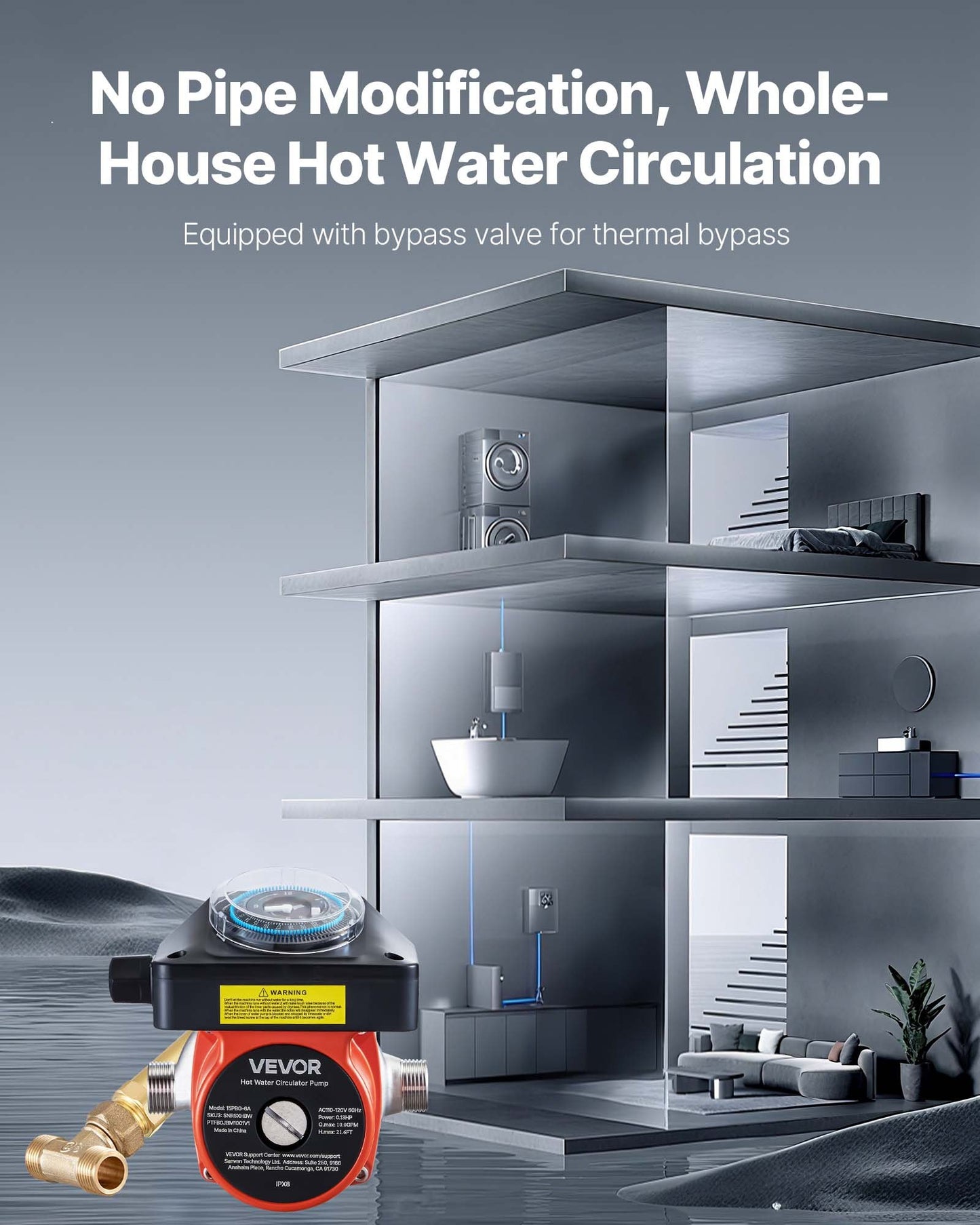 Hot Water Recirculating Pump, with Bypass Valve, Instant Recirculation Pump Kit with Timer, Adapter, Circulation Circulator System, Stainless Steel Head, 0.13 HP 110-120V, for Tank Water Heaters