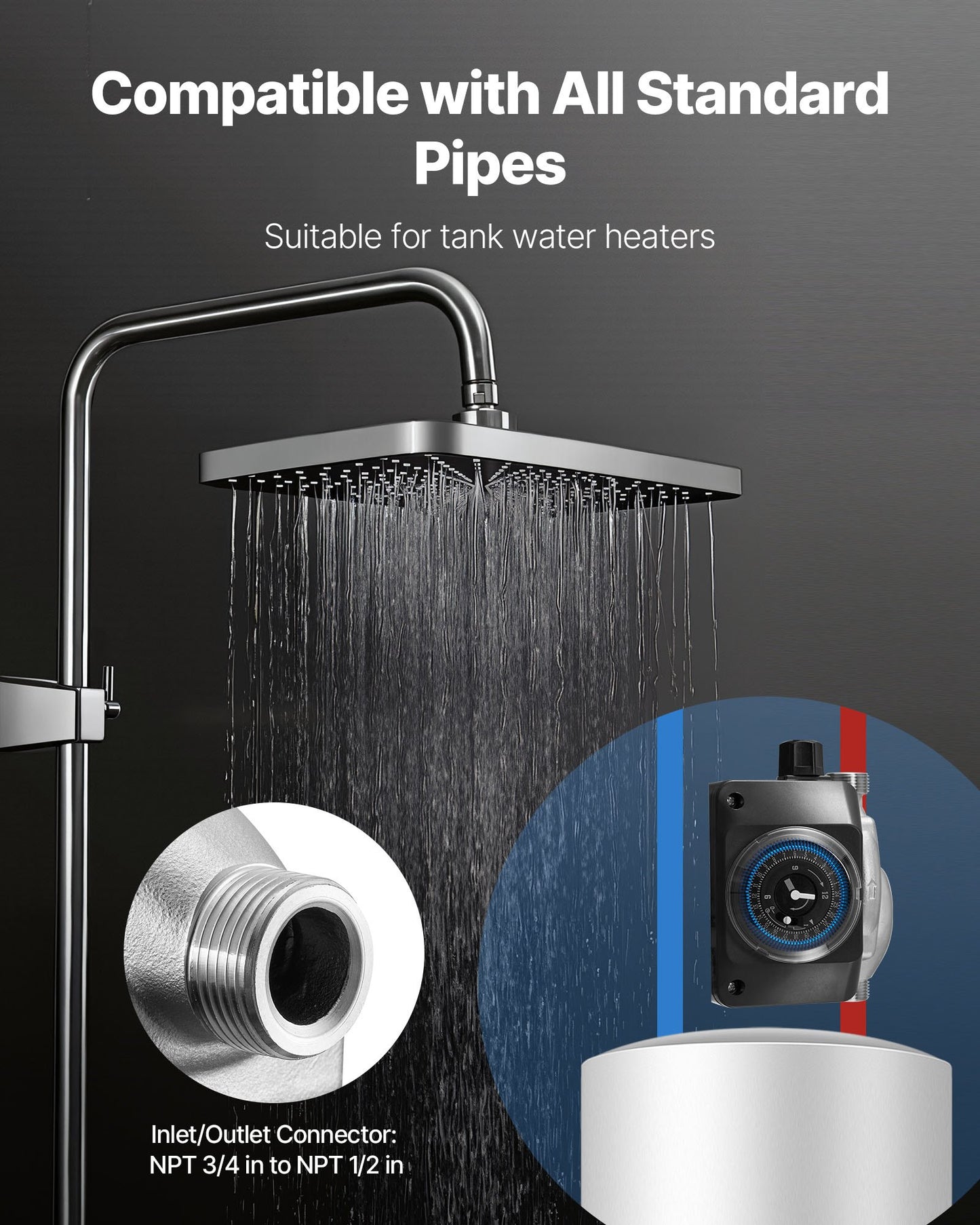 Hot Water Recirculating Pump, with Bypass Valve, Instant Recirculation Pump Kit with Timer, Adapter, Circulation Circulator System, Stainless Steel Head, 0.13 HP 110-120V, for Tank Water Heaters