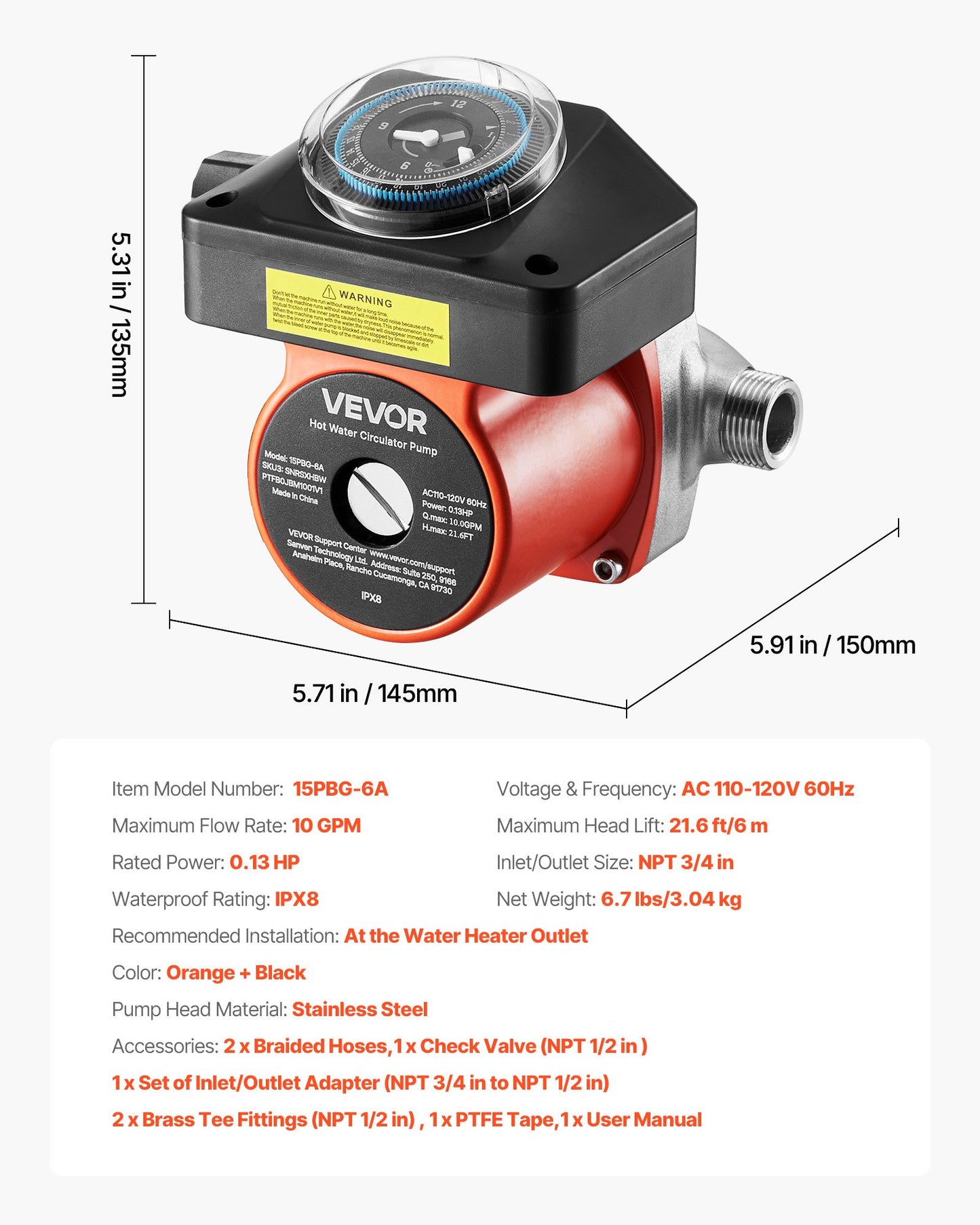 Hot Water Recirculating Pump, with Bypass Valve, Instant Recirculation Pump Kit with Timer, Adapter, Circulation Circulator System, Stainless Steel Head, 0.13 HP 110-120V, for Tank Water Heaters
