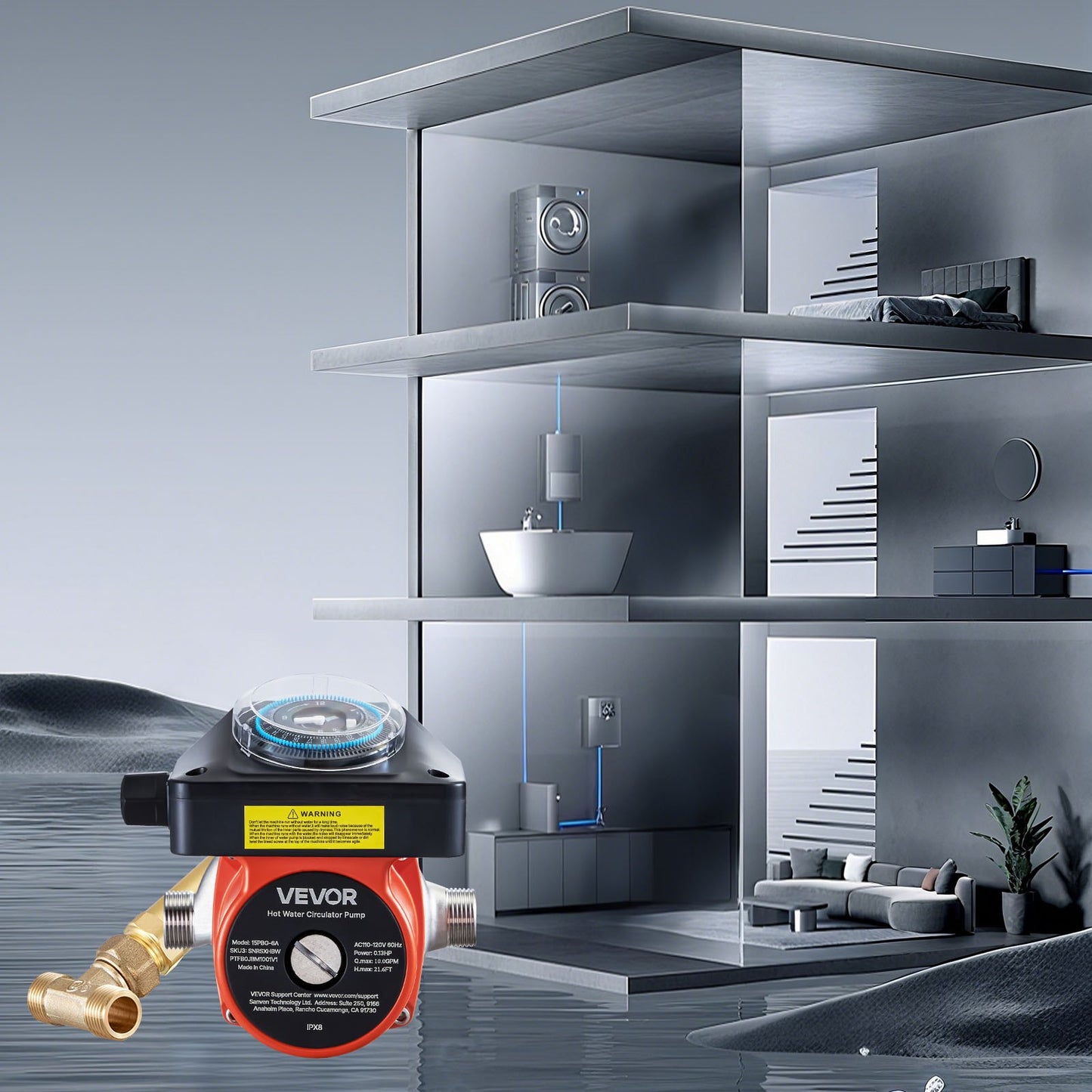 Hot Water Recirculating Pump, with Bypass Valve, Instant Recirculation Pump Kit with Timer, Adapter, Circulation Circulator System, Stainless Steel Head, 0.13 HP 110-120V, for Tank Water Heaters