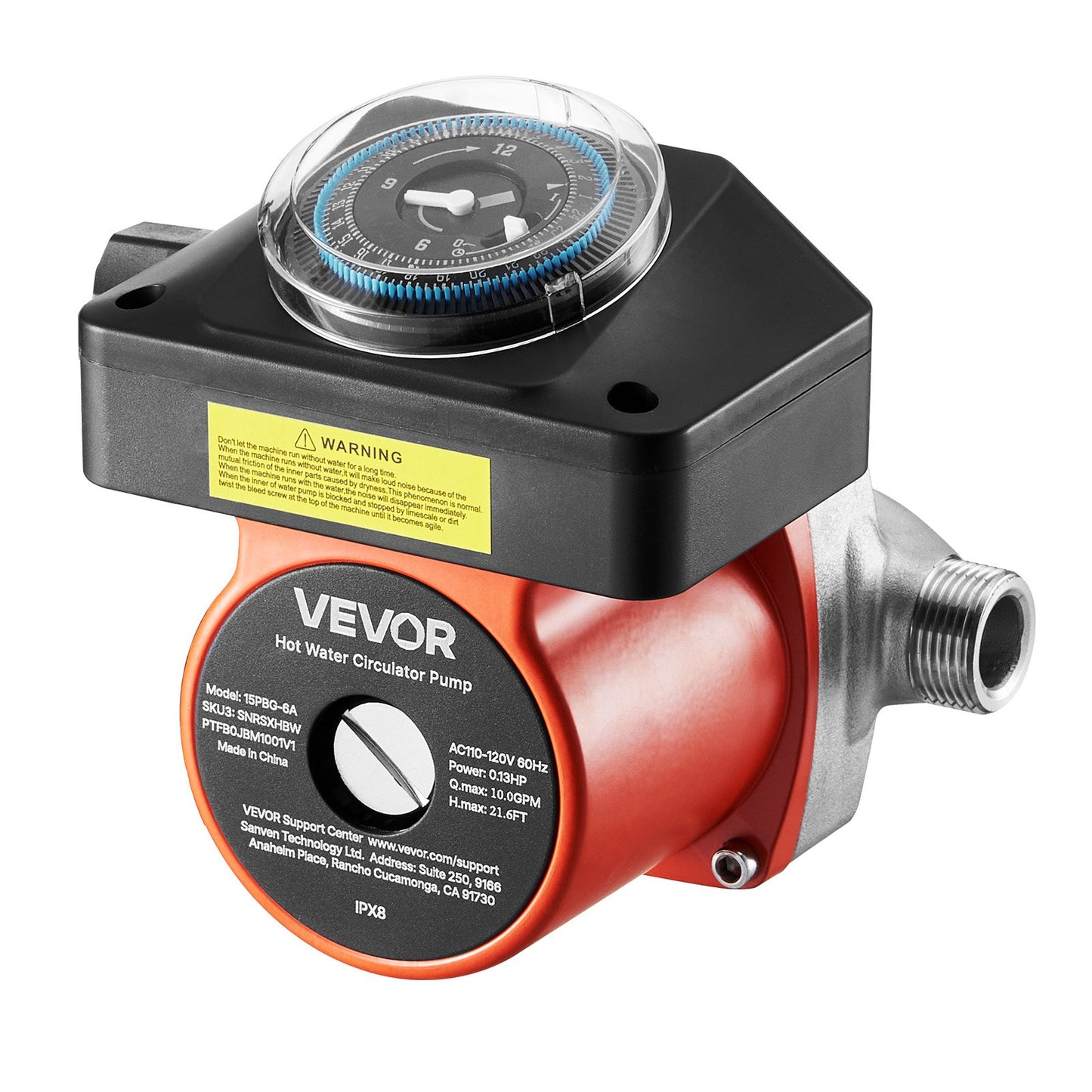 Hot Water Recirculating Pump, with Bypass Valve, Instant Recirculation Pump Kit with Timer, Adapter, Circulation Circulator System, Stainless Steel Head, 0.13 HP 110-120V, for Tank Water Heaters