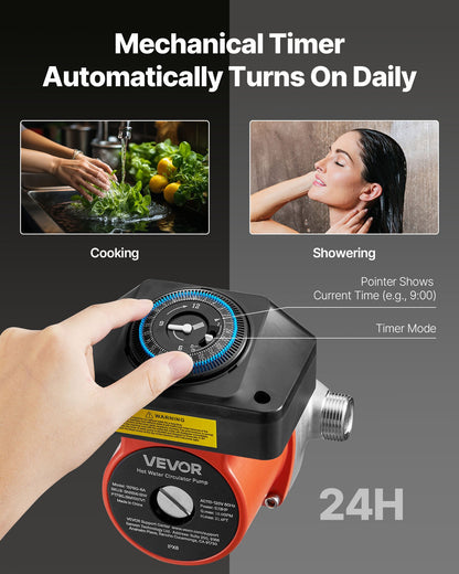 Hot Water Recirculating Pump, with Timer, 10 GPM Instant Recirculation Pump Kit, Circulation Circulator System, 0.13 HP AC 110-120V, NPT 3/4 in to NPT 1/2 in Connector, for Solar Water Heater