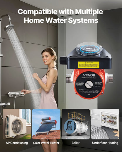 Hot Water Recirculating Pump, with Timer, 10 GPM Instant Recirculation Pump Kit, Circulation Circulator System, 0.13 HP AC 110-120V, NPT 3/4 in to NPT 1/2 in Connector, for Solar Water Heater