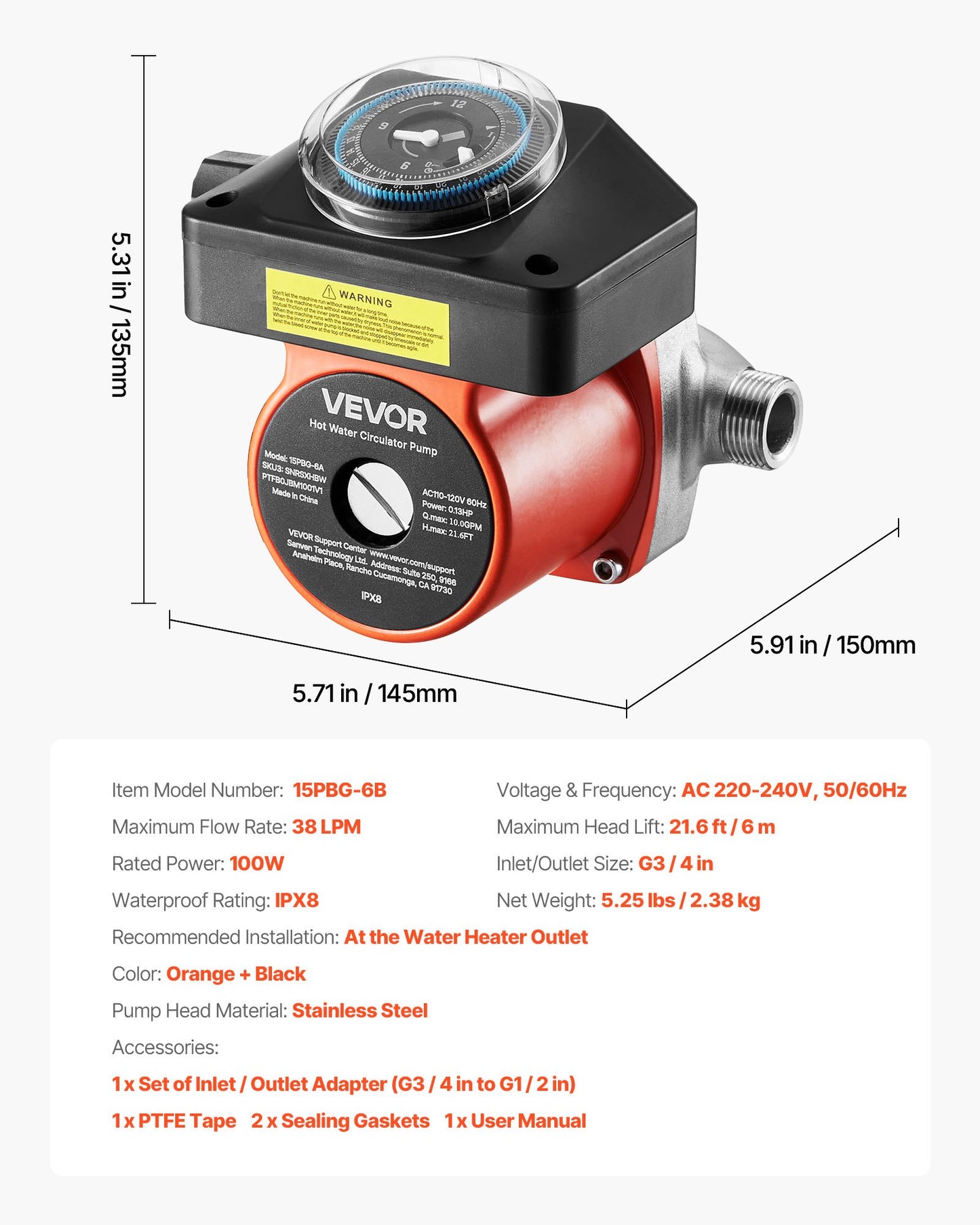 Hot Water Recirculating Pump, with Timer, 10 GPM Instant Recirculation Pump Kit, Circulation Circulator System, 0.13 HP AC 110-120V, NPT 3/4 in to NPT 1/2 in Connector, for Solar Water Heater