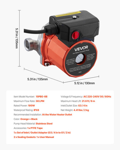 Hot Water Recirculating Pump, 10 GPM, Instant Circulation Circulator Pump System, 3-Speed Control, 0.13 HP, 110-120V, NPT 3/4 in to NPT 1/2 in Adapter, Stainless Steel Head, for Water Heaters