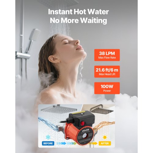 Varmvattencirkulationspump, 38 LPM, Omedelbar cirkulation, 3-hastighetsreglage, 100W, AC 220-240V, G3/4 tum till G1/2 tum adapter, rostfritt stålhuvud, för varmvattenberedare |  EU