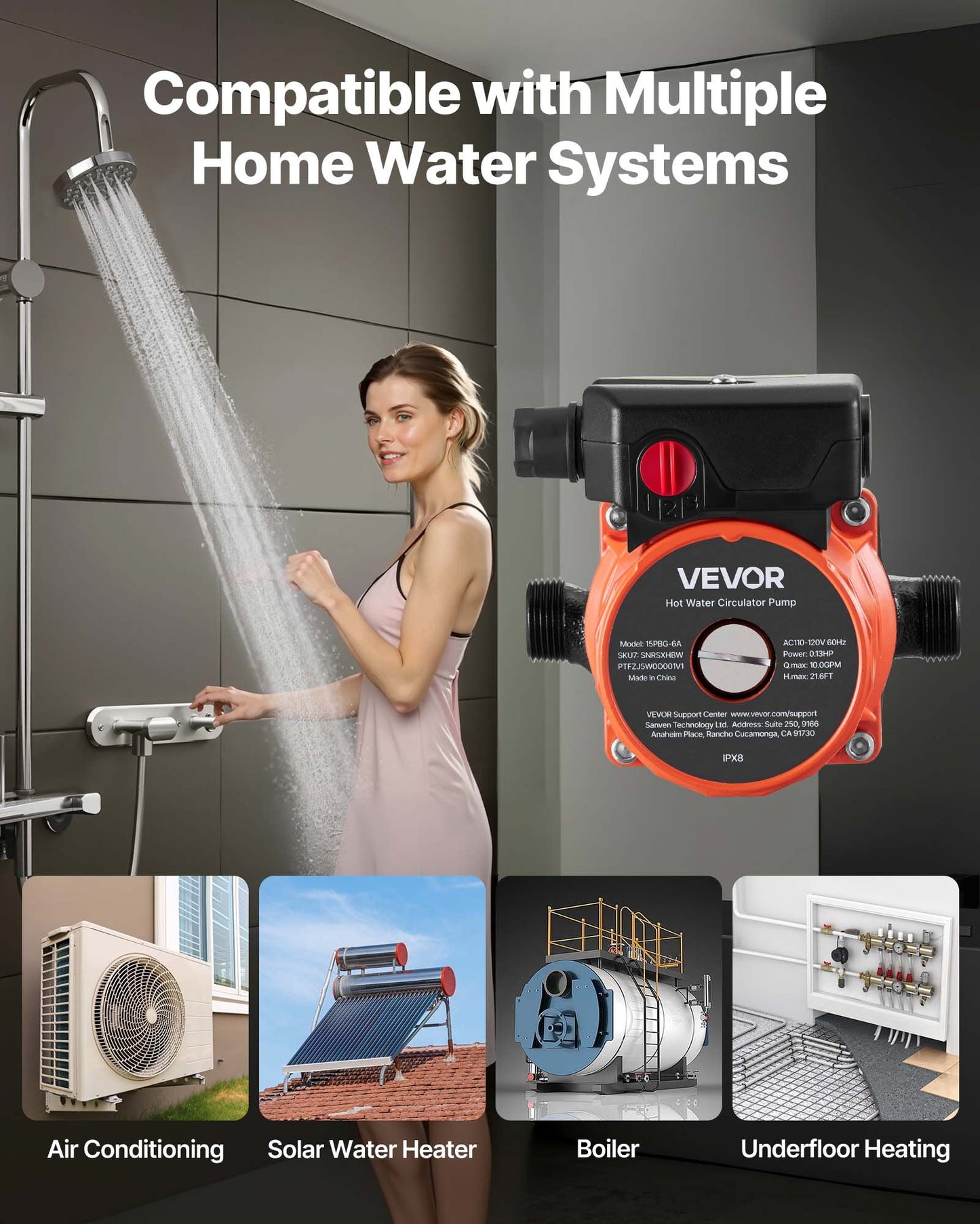 Hot Water Recirculating Pump, 10 GPM, Instant Circulation Circulator Pump System, 3-Speed Control, 0.13 HP, 110-120V, NPT 3/4 in to NPT 1/2 in Adapter, Cast Iron Head, for Water Heater System