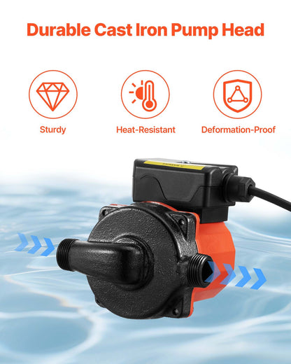 Hot Water Recirculating Pump, 10 GPM, Instant Circulation Circulator Pump System, 3-Speed Control, 0.13 HP, 110-120V, NPT 3/4 in to NPT 1/2 in Adapter, Cast Iron Head, for Water Heater System